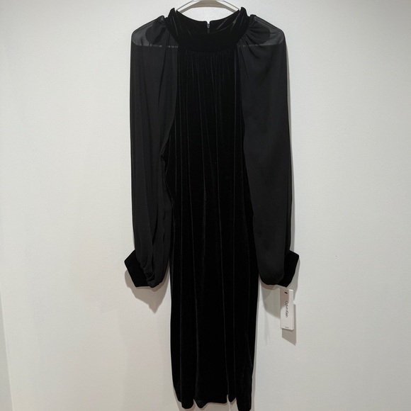 New Calvin Klein Velour Velvet Black Puff Sleeve Knee Dress 18W Whimsygoth Holid - Picture 8 of 11